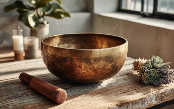 Brass Tibetan singing bowl with wooden mallet and dried sage