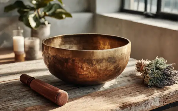 Brass Tibetan singing bowl with wooden mallet and dried sage